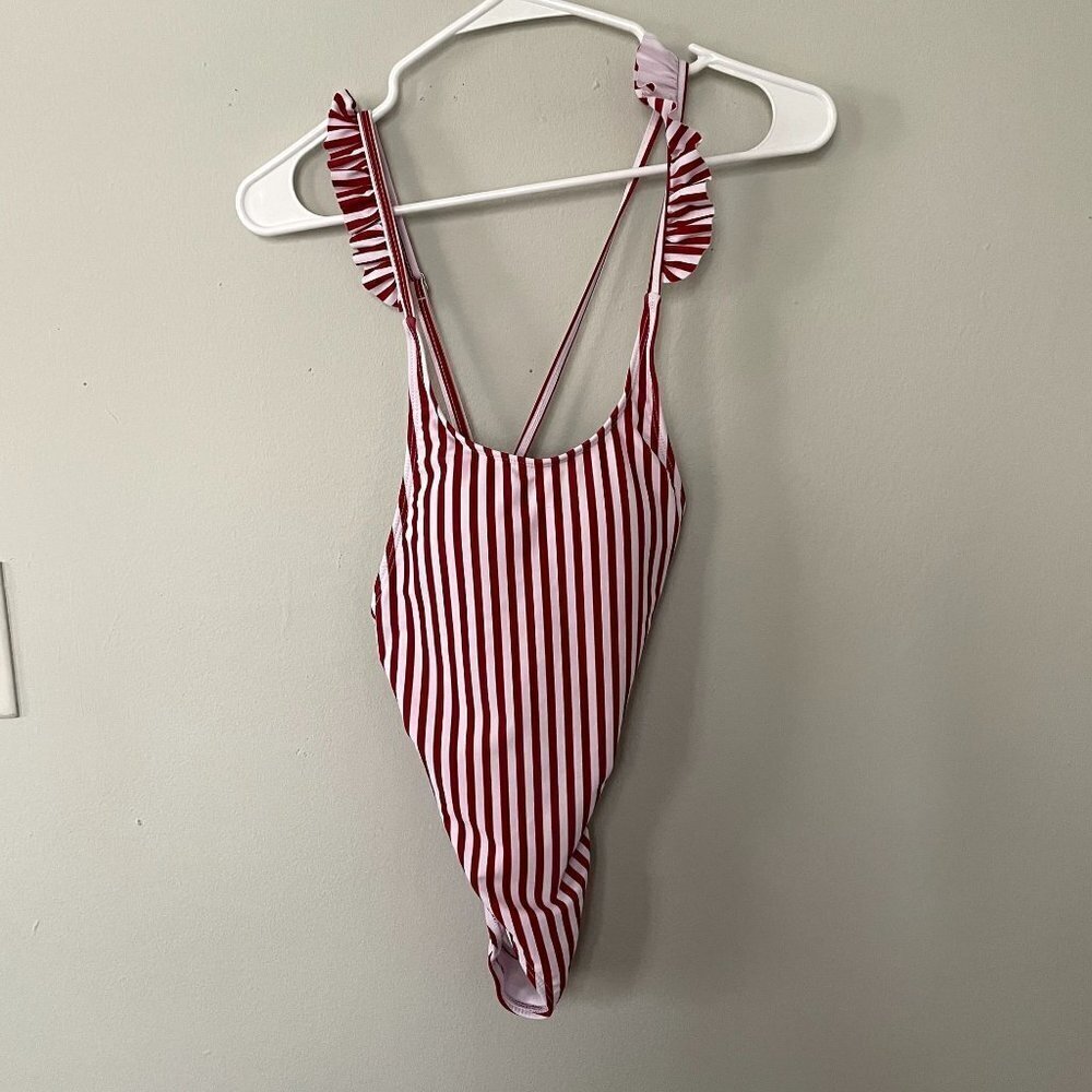 Shein red‎ white striped one piece swimsuit casual comfortable racerback padded